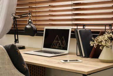 Comfortable,Workplace,Near,Window,With,Horizontal,Wooden,Blinds